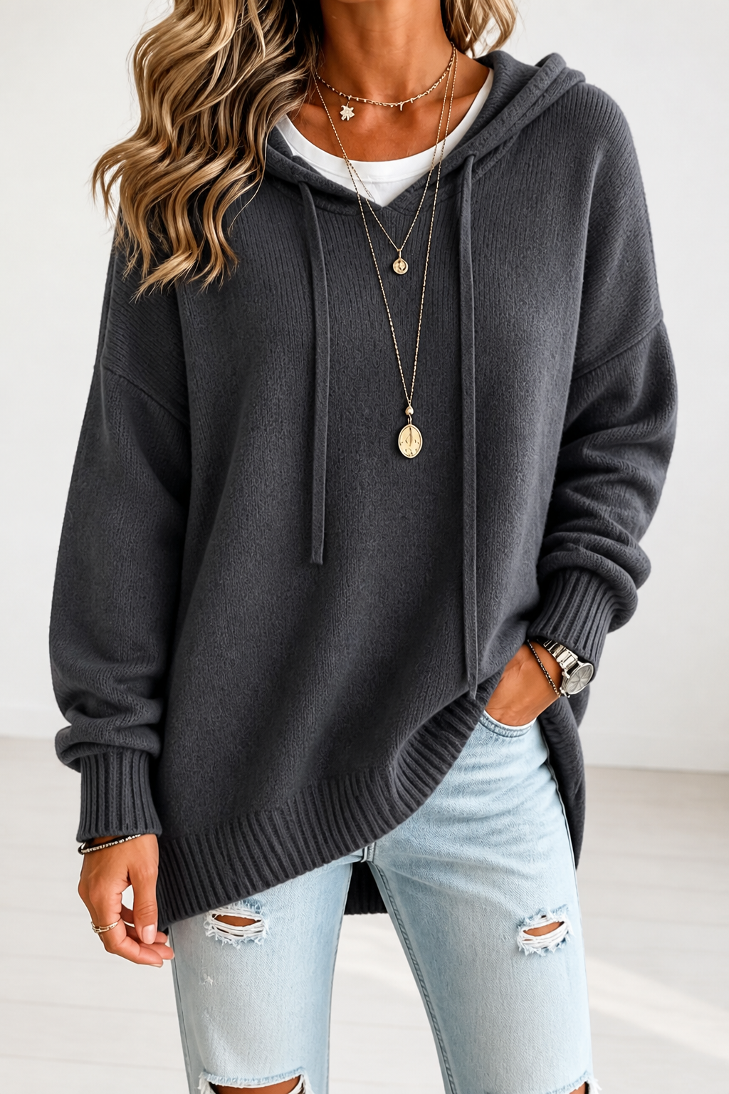 Alina | Moderner und Lässiger Oversize Strickpullover mit Kapuze
