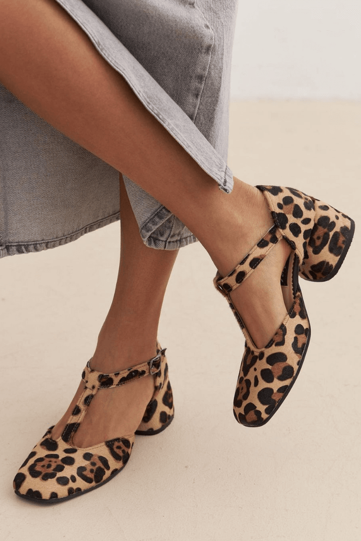 Women's Leopard Block Heel T-Strap Shoes