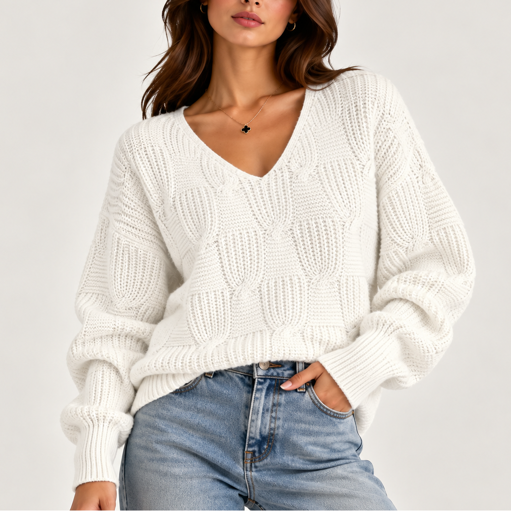 Women’s Oversized Cable Knit V-Neck Sweater – Textured Jumper