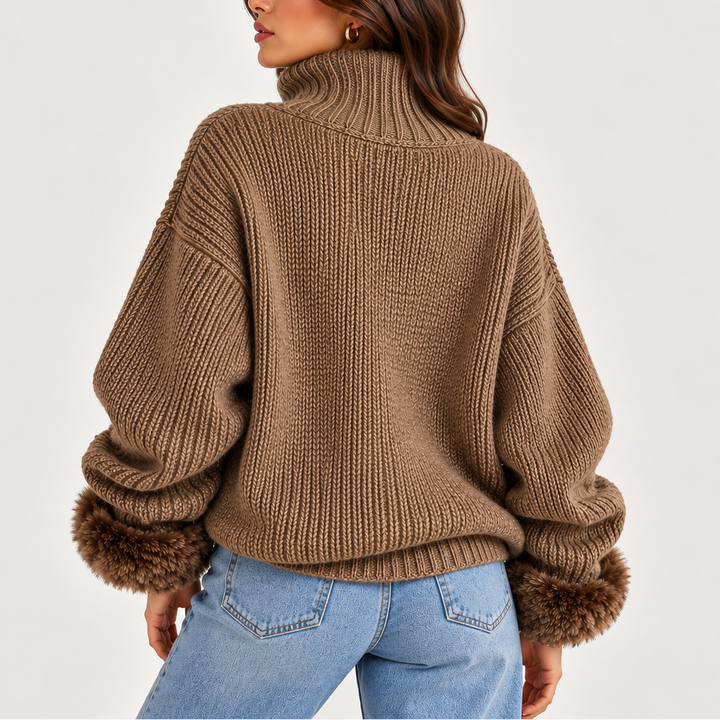 Women’s Oversized Half-Zip Knit Sweater with Faux Fur Cuffs