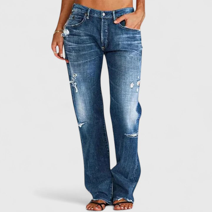 Sadie | Dame Jeans med Lav Talje, Lige Ben og Slidte Detaljer