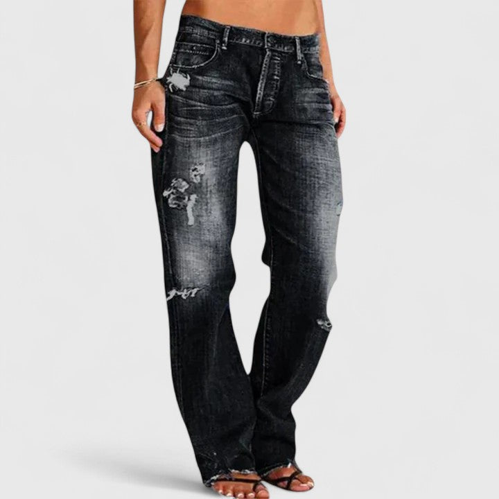 Sadie | Dame Jeans med Lav Talje, Lige Ben og Slidte Detaljer
