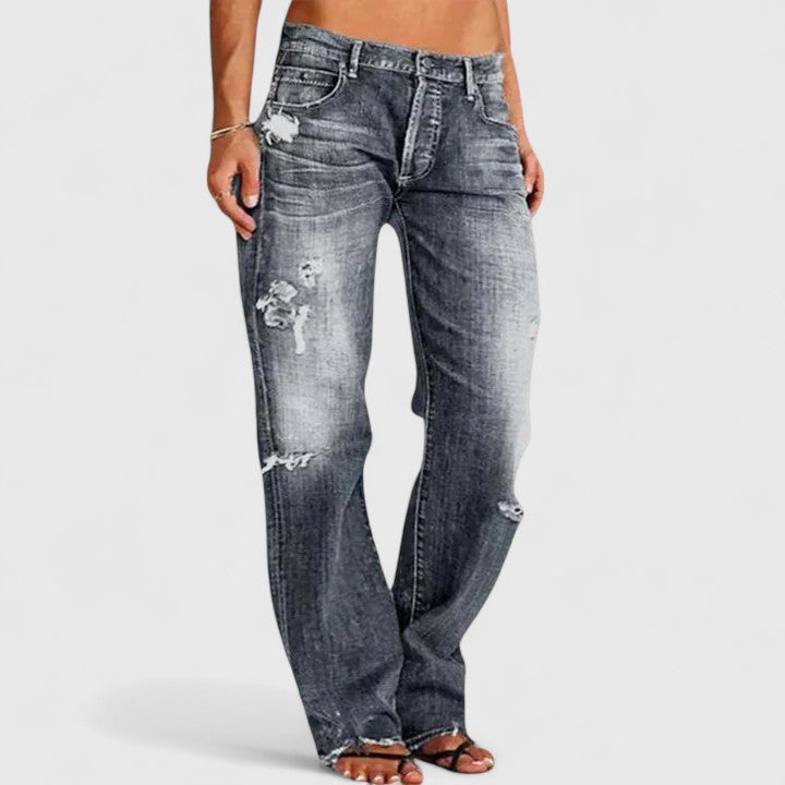 Sadie | Dame Jeans med Lav Talje, Lige Ben og Slidte Detaljer