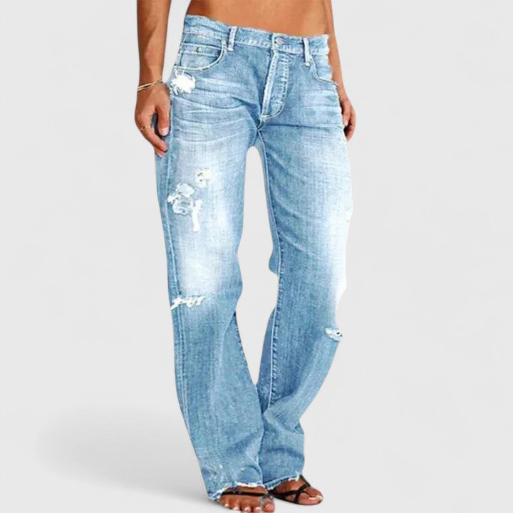 Sadie | Dame Jeans med Lav Talje, Lige Ben og Slidte Detaljer