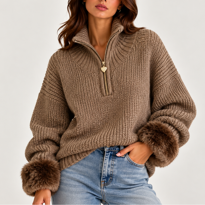 Women’s Oversized Half-Zip Knit Sweater with Faux Fur Cuffs