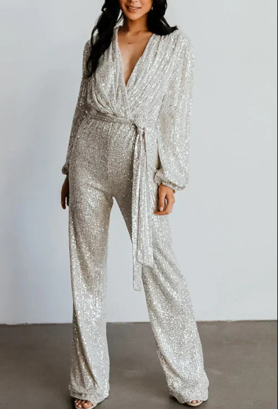 Kamilla | Dame Paillet Jumpsuit med Bælte og Vide Ben
