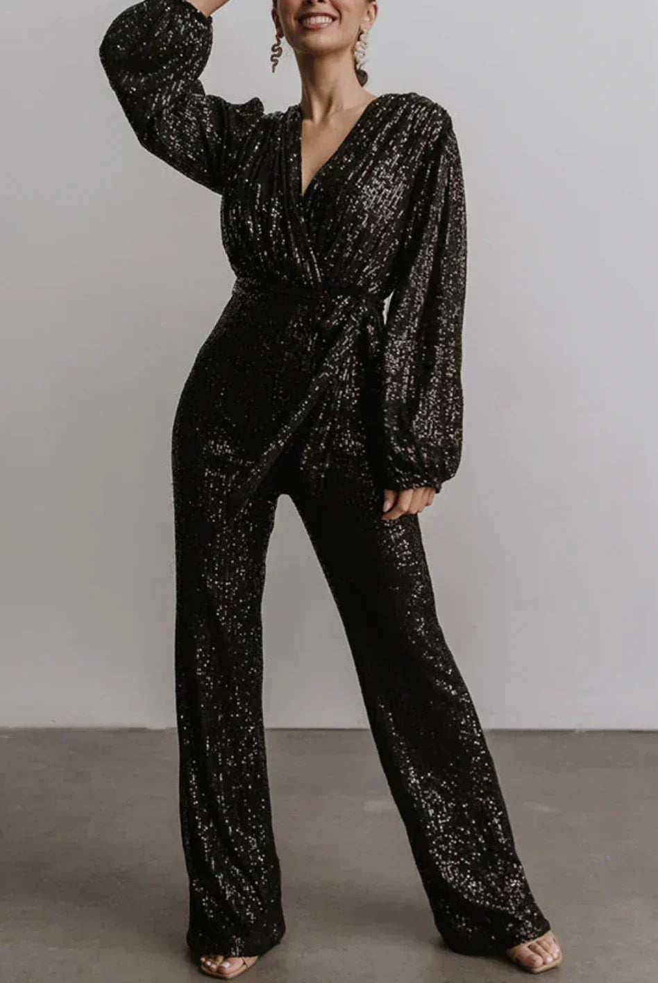 Kamilla | Dame Paillet Jumpsuit med Bælte og Vide Ben