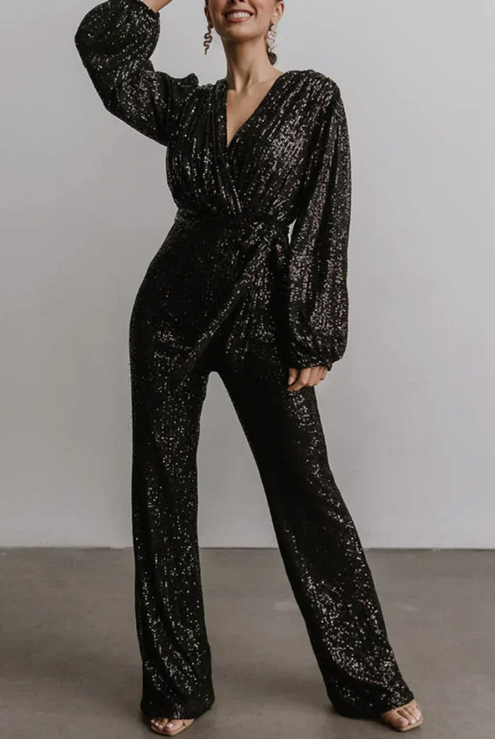 Kamilla | Dame Paillet Jumpsuit med Bælte og Vide Ben