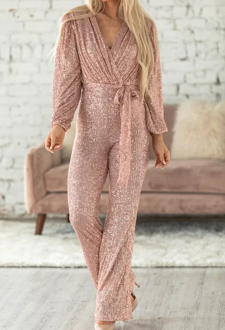 Kamilla | Dame Paillet Jumpsuit med Bælte og Vide Ben