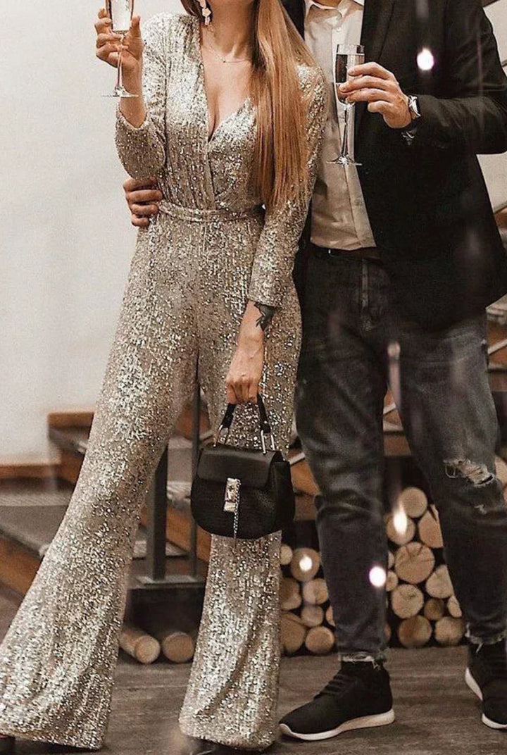 Kamilla | Dame Paillet Jumpsuit med Bælte og Vide Ben