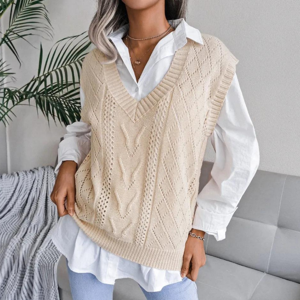 Hanne | Dame Hulstrikket Vest med Dyb V-hals