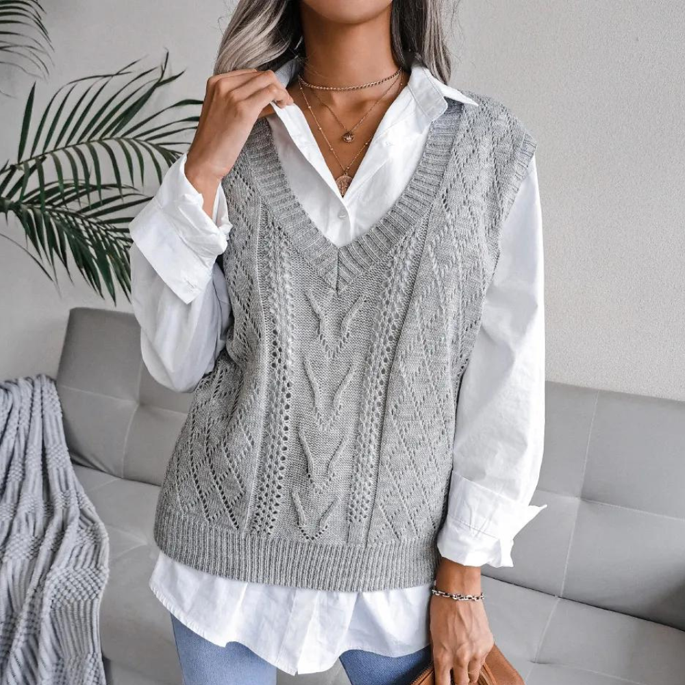 Hanne | Dame Hulstrikket Vest med Dyb V-hals