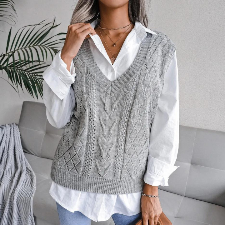 Hanne | Dame Hulstrikket Vest med Dyb V-hals