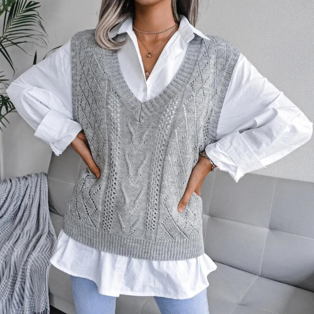 Hanne | Dame Hulstrikket Vest med Dyb V-hals