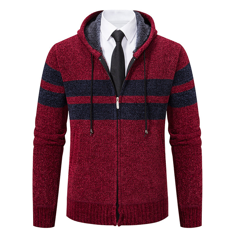 Herren nan gestrickte Kapuzenjacke mit Teddyfutter, verdecktem Reißverschluss und kontrastreifen R&B