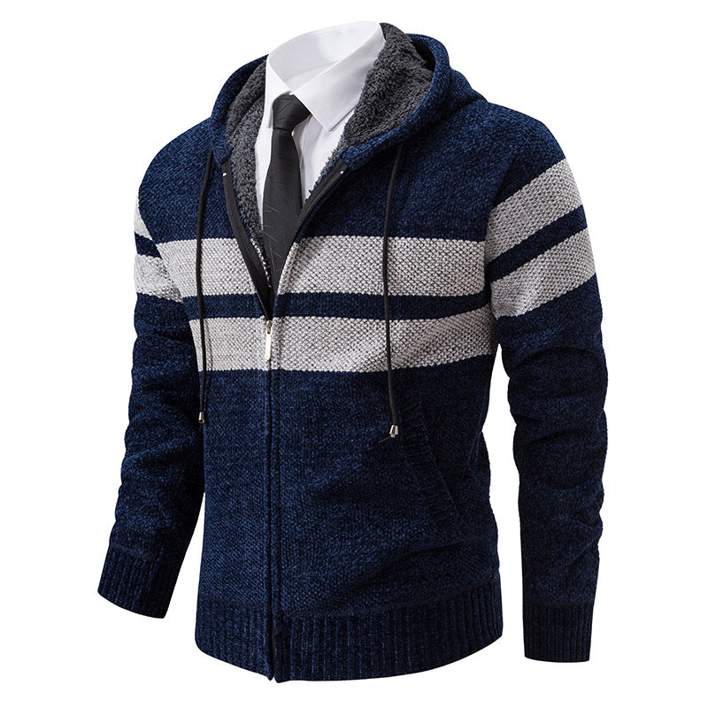 Herren nan gestrickte Kapuzenjacke mit Teddyfutter, verdecktem Reißverschluss und kontrastreifen R&B