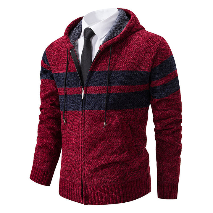 Herren nan gestrickte Kapuzenjacke mit Teddyfutter, verdecktem Reißverschluss und kontrastreifen R&B