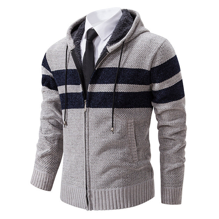 Herren nan gestrickte Kapuzenjacke mit Teddyfutter, verdecktem Reißverschluss und kontrastreifen R&B