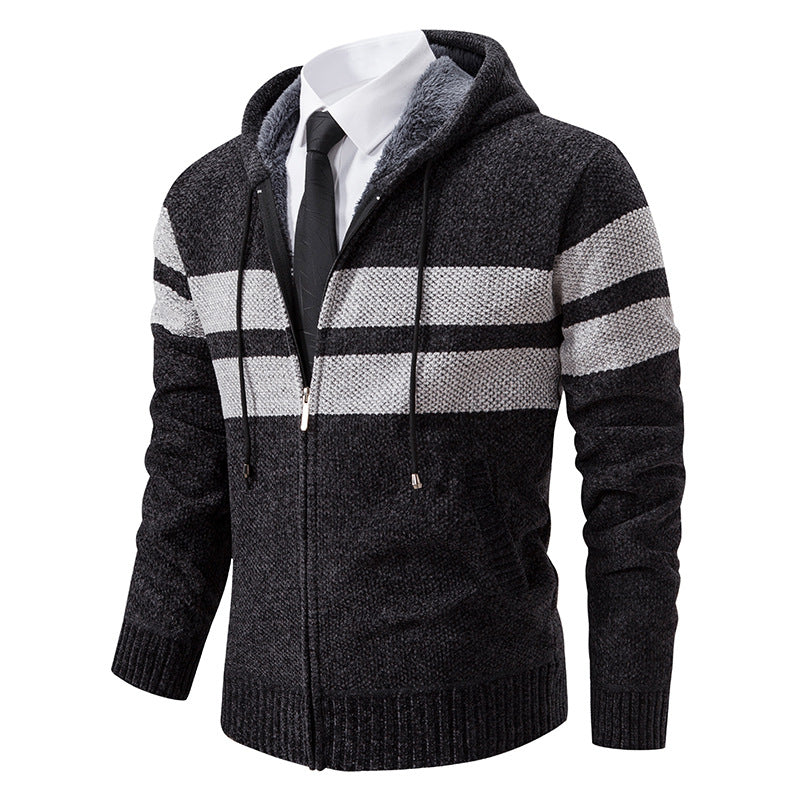 Herren nan gestrickte Kapuzenjacke mit Teddyfutter, verdecktem Reißverschluss und kontrastreifen R&B