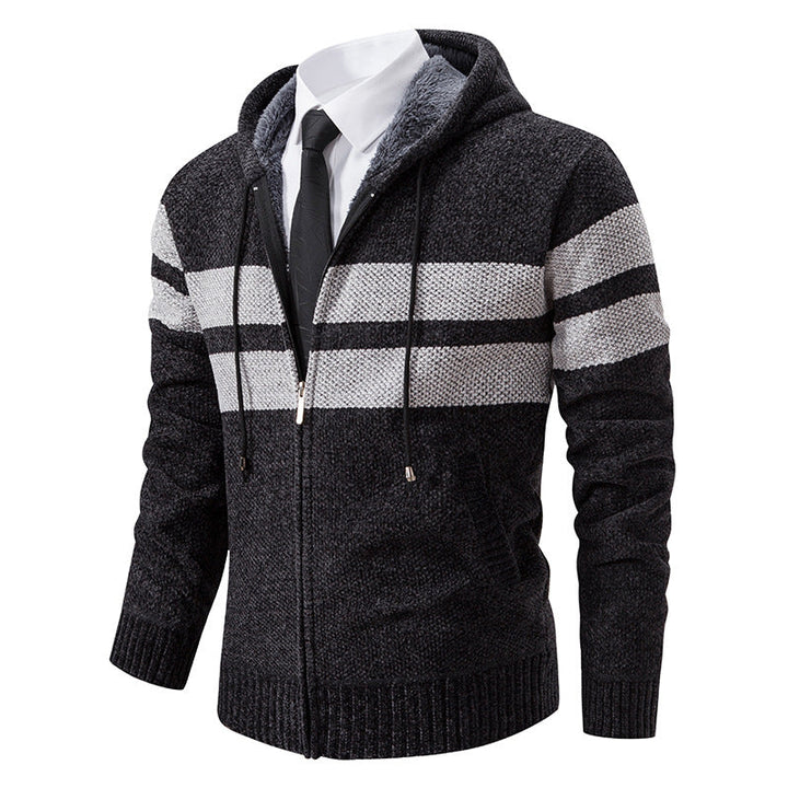 Herren nan gestrickte Kapuzenjacke mit Teddyfutter, verdecktem Reißverschluss und kontrastreifen R&B