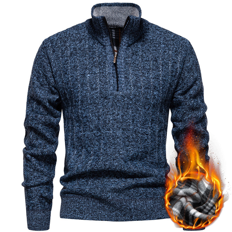Herren nan gerippter Troyer-Pullover mit Halbzip, Zopfmuster und wärmender Innenverarbeitung R&B