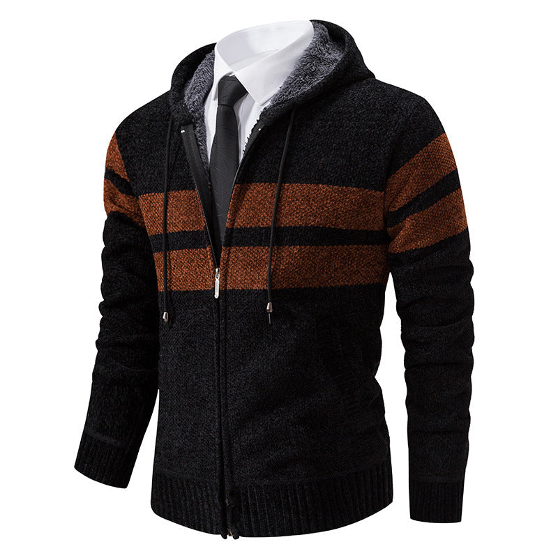 Herren nan gestrickte Kapuzenjacke mit Teddyfutter, verdecktem Reißverschluss und kontrastreifen R&B