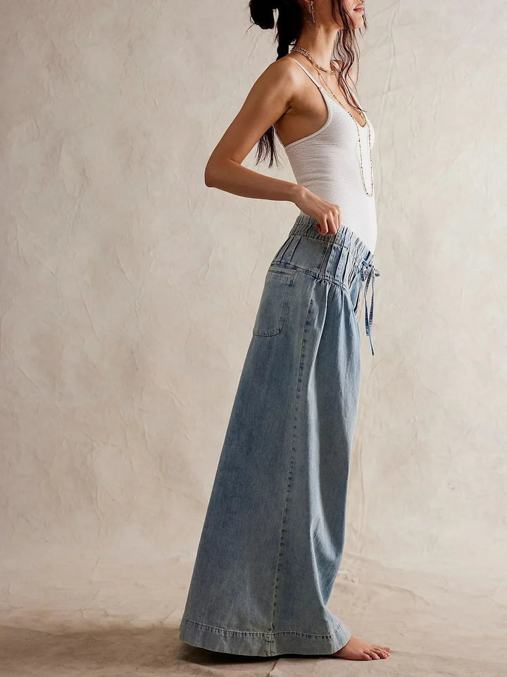 Aria | Dame Chambray Jeans med Elastisk Talje og Vide Ben