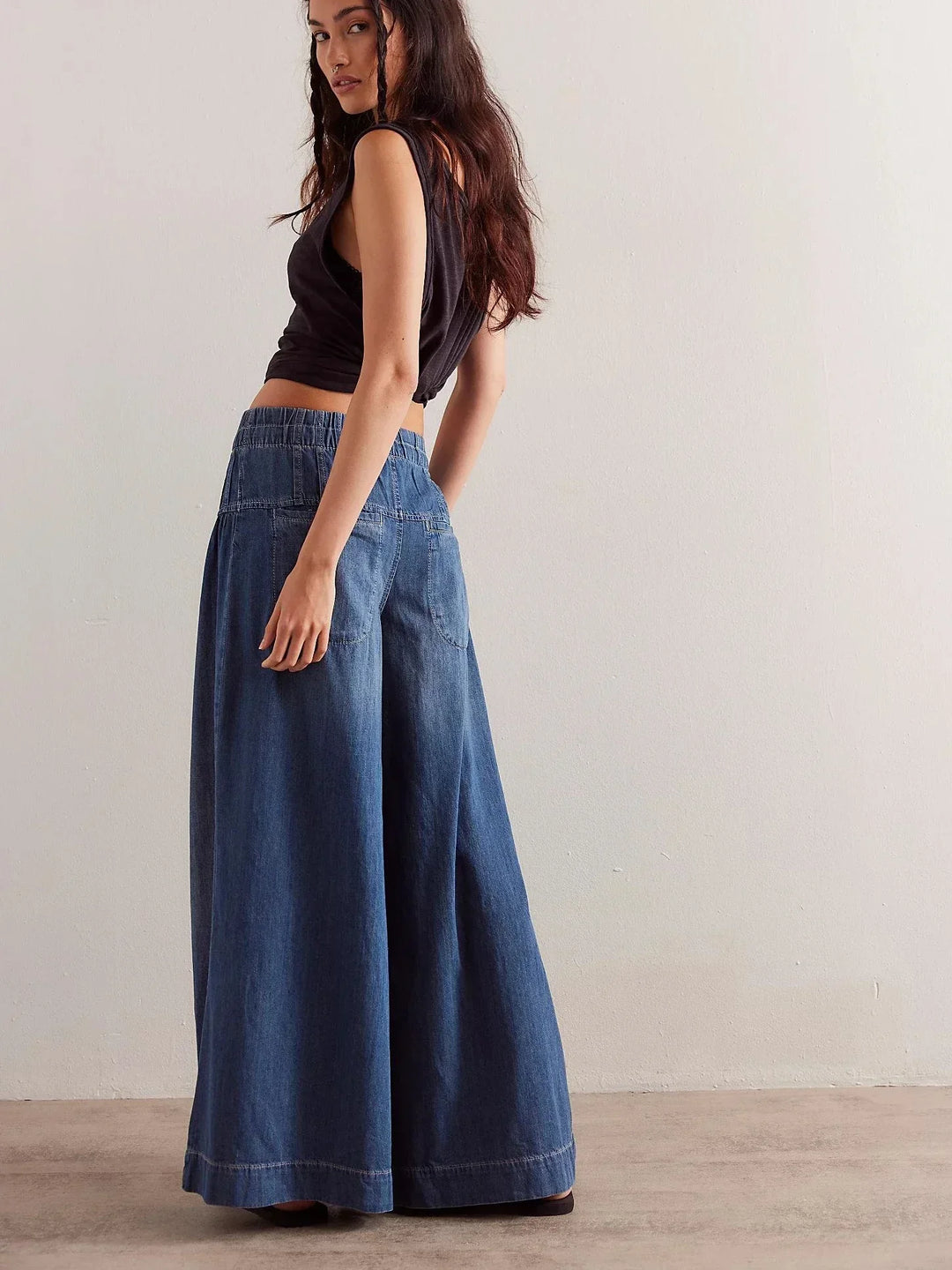 Aria | Dame Chambray Jeans med Elastisk Talje og Vide Ben