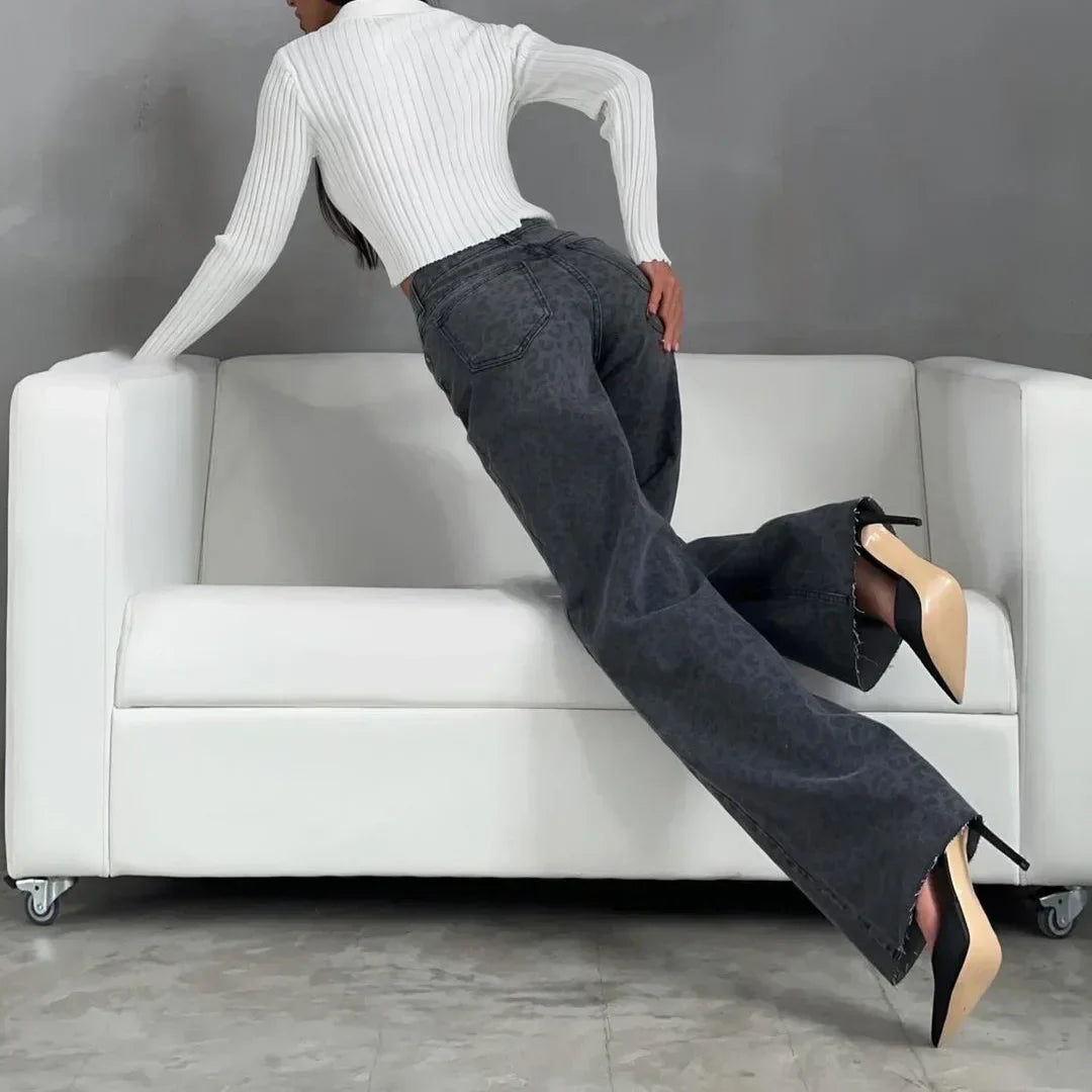 Amanda | Dame Højtaljede Straight Jeans med Leopardprint