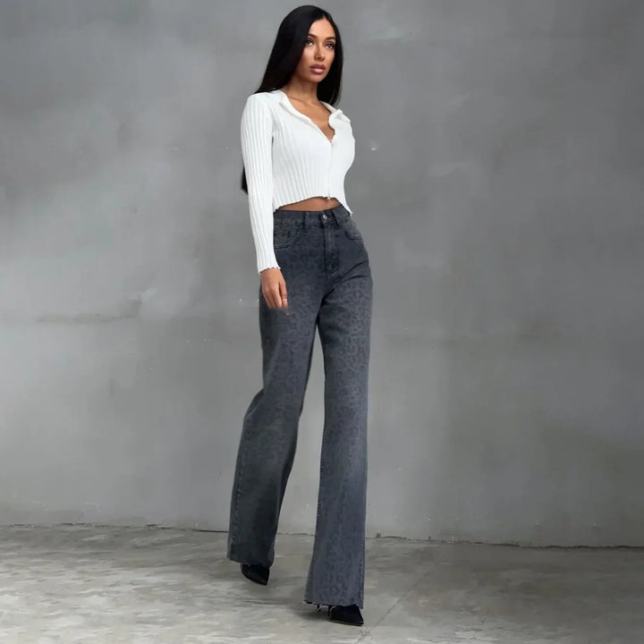 Amanda | Dame Højtaljede Straight Jeans med Leopardprint