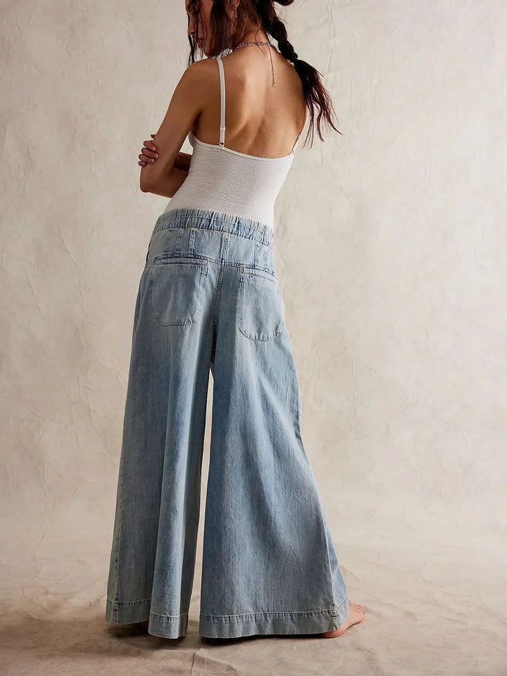 Aria | Dame Chambray Jeans med Elastisk Talje og Vide Ben