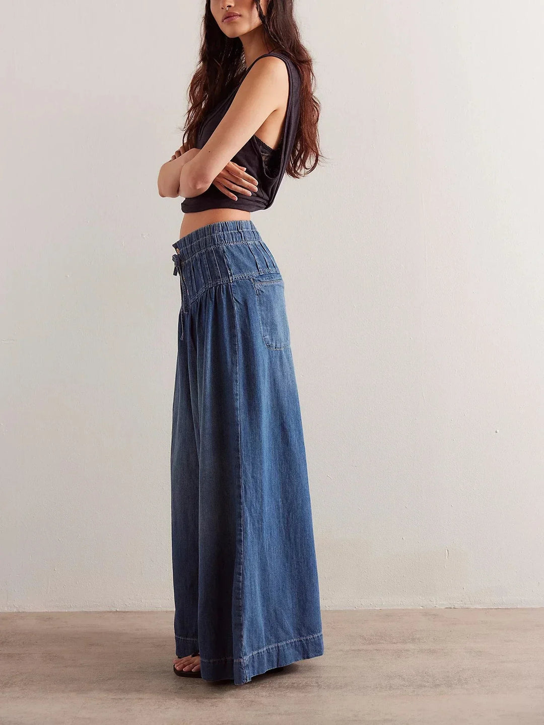 Aria | Dame Chambray Jeans med Elastisk Talje og Vide Ben