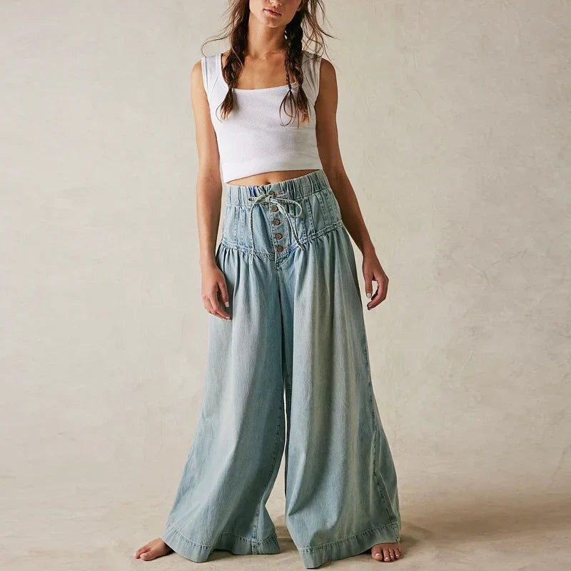 Aria | Dame Chambray Jeans med Elastisk Talje og Vide Ben