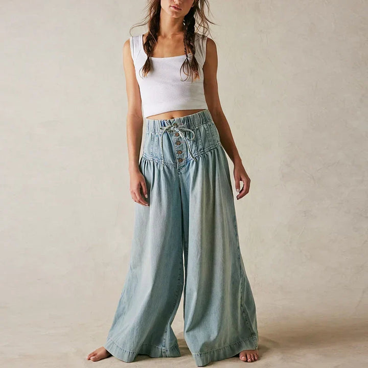 Aria | Dame Chambray Jeans med Elastisk Talje og Vide Ben