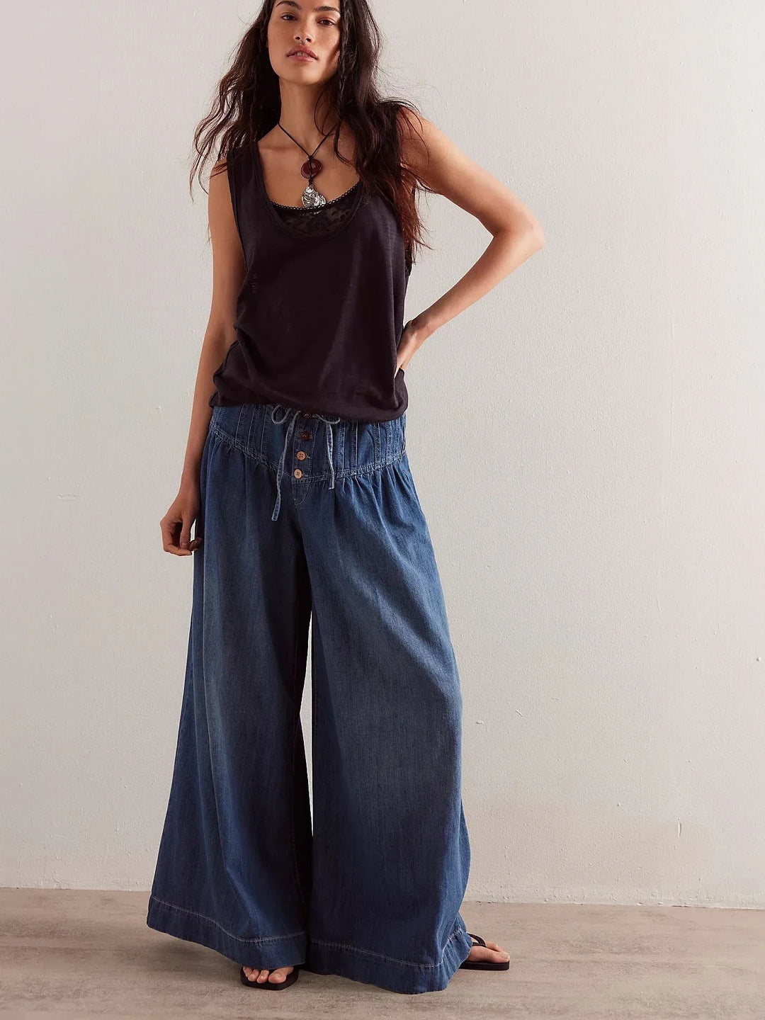 Aria | Dame Chambray Jeans med Elastisk Talje og Vide Ben