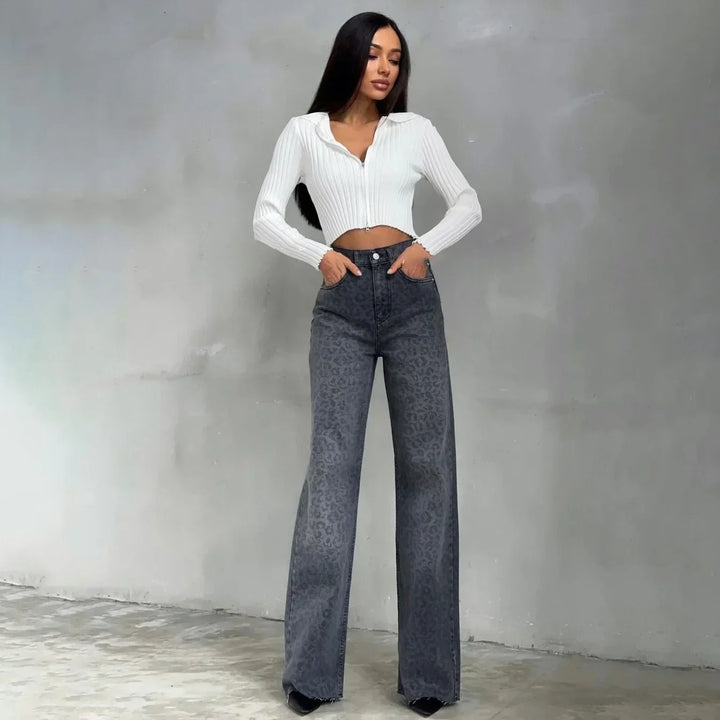 Amanda | Dame Højtaljede Straight Jeans med Leopardprint