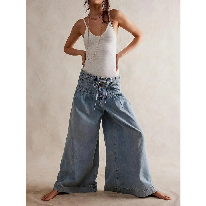 Aria | Dame Chambray Jeans med Elastisk Talje og Vide Ben