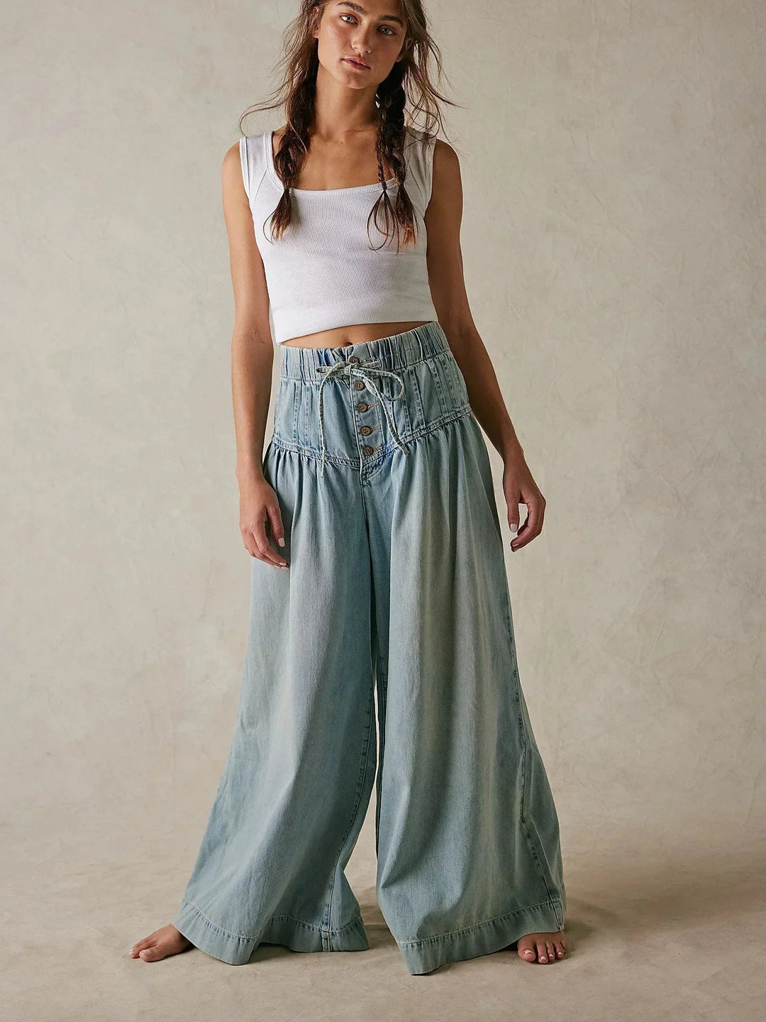 Aria | Dame Chambray Jeans med Elastisk Talje og Vide Ben