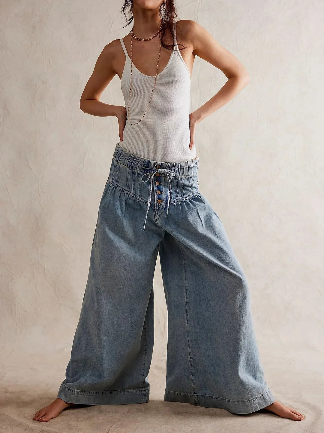 Aria | Dame Chambray Jeans med Elastisk Talje og Vide Ben