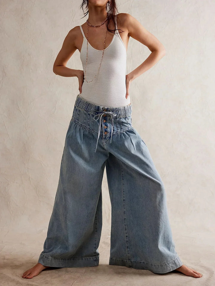 Aria | Dame Chambray Jeans med Elastisk Talje og Vide Ben
