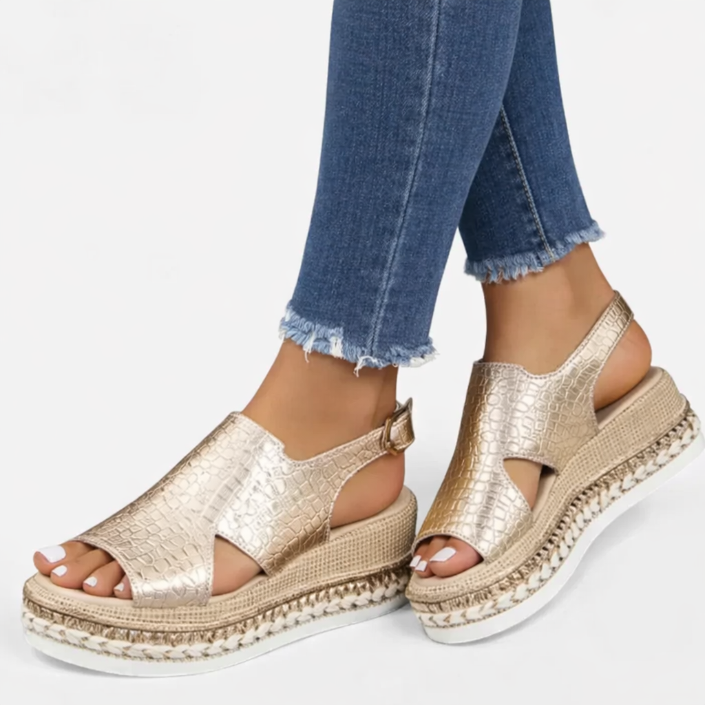 Women’s Summer Wedge Sandals – Supportive Comfort, Metallic Finish