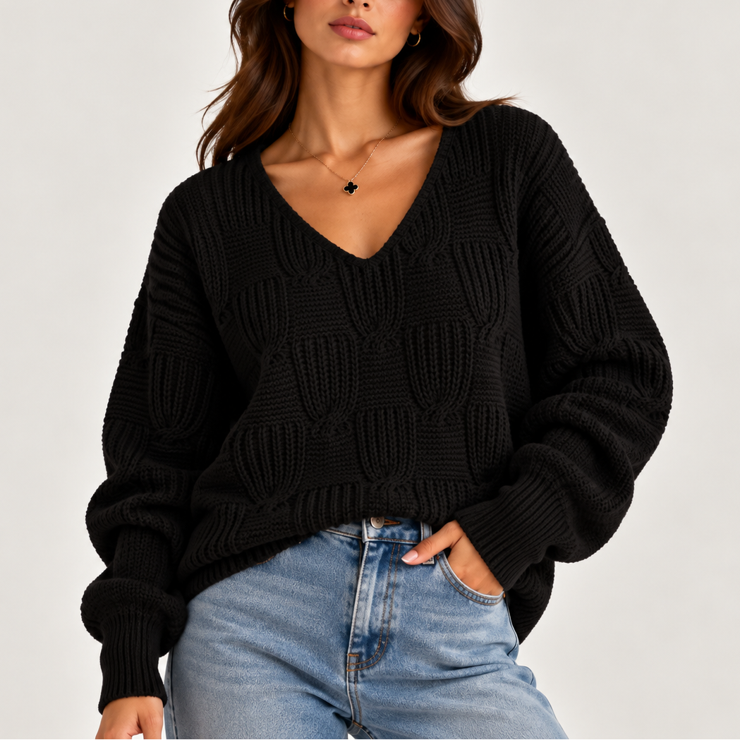 Women’s Oversized Cable Knit V-Neck Sweater – Textured Jumper
