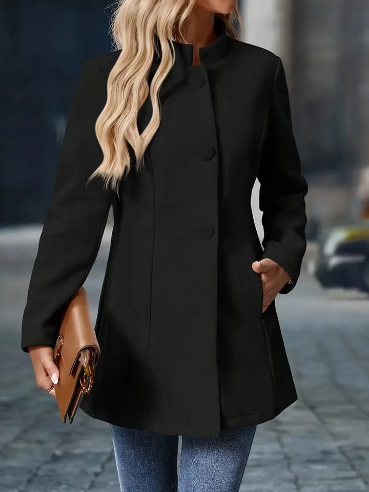 Women’s Tailored Stand-Collar Blazer – Longline Button-Front Office Layer for Business Smart Casual Dinners City Wear and Transitional Everyday Styling