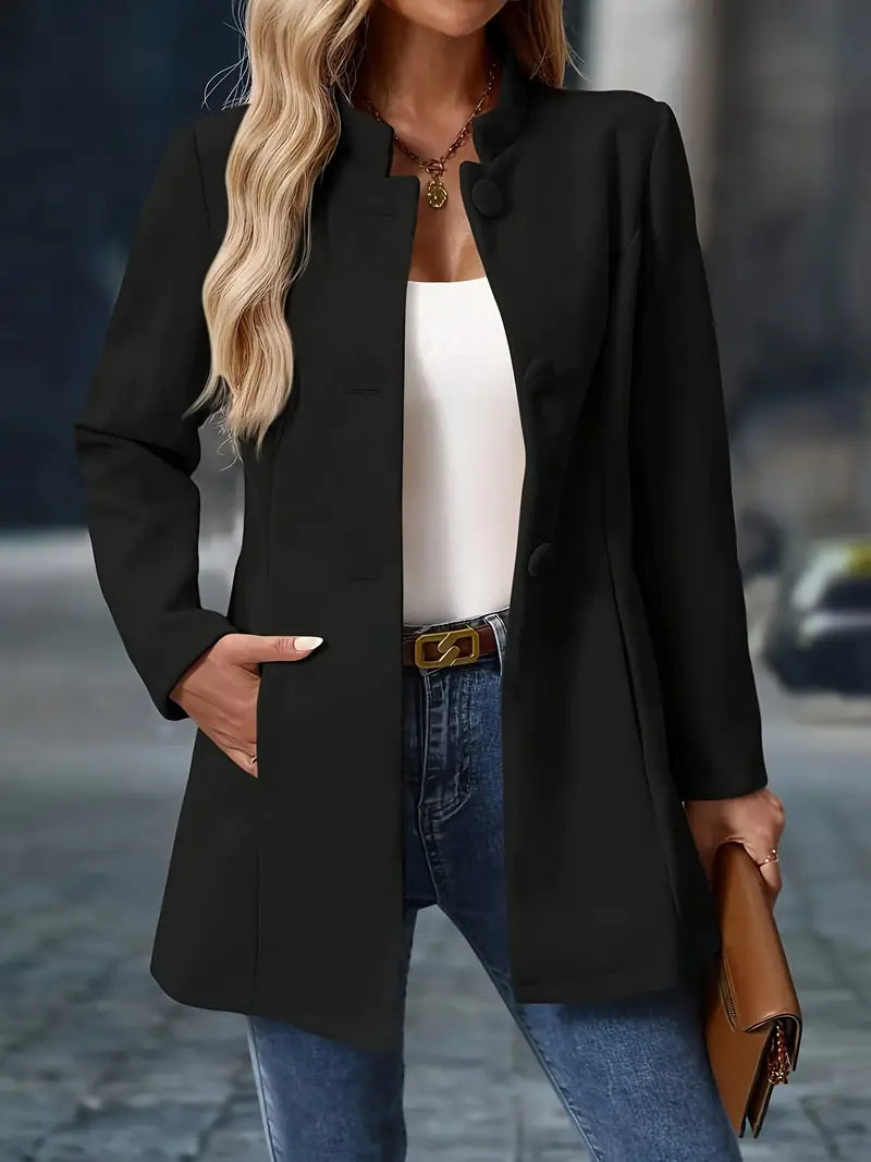 Women’s Tailored Stand-Collar Blazer – Longline Button-Front Office Layer for Business Smart Casual Dinners City Wear and Transitional Everyday Styling