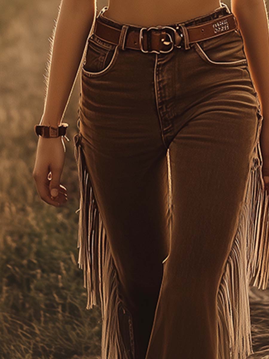 Cordelia | Dame Western Flare Jeans med Frynser