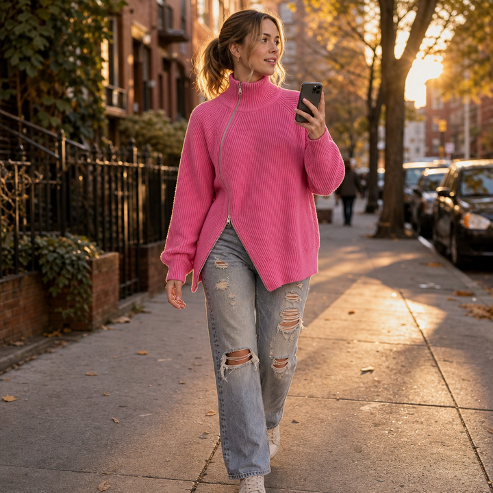 Amelia | Moderner und Vielseitiger Strickpullover mit Reißverschluss