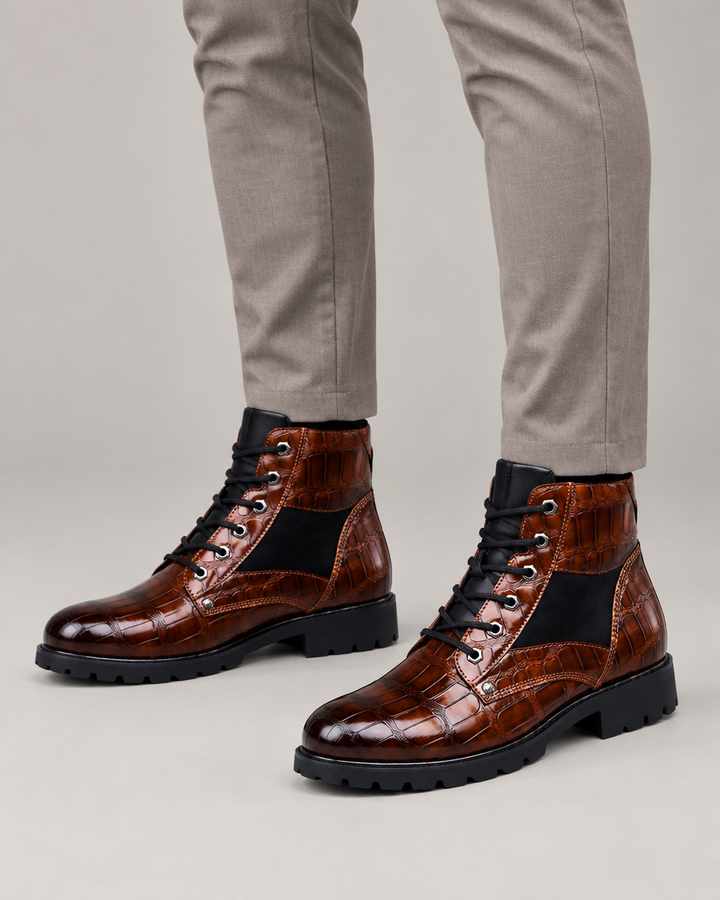 George croc-embossed ankelstøvler – Cognac Brown