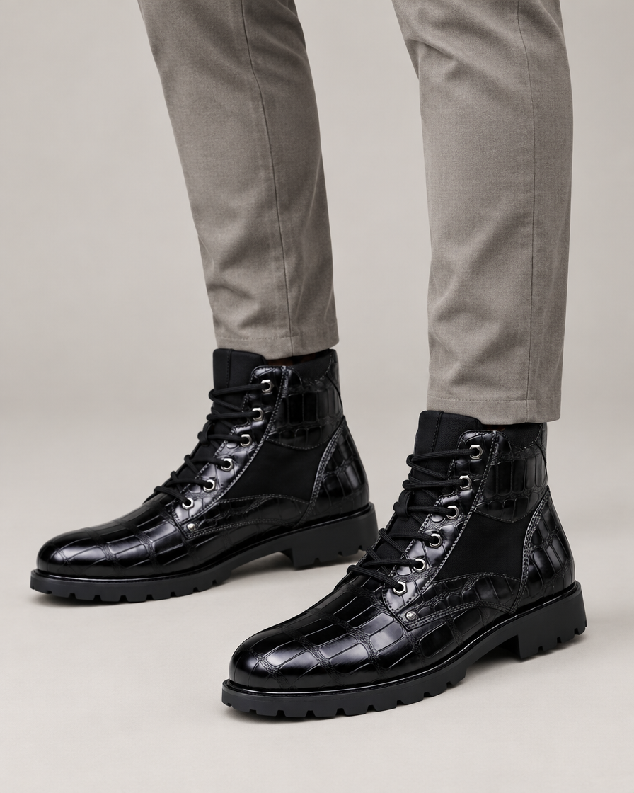 George croc-embossed ankelstøvler – Obsidian Black