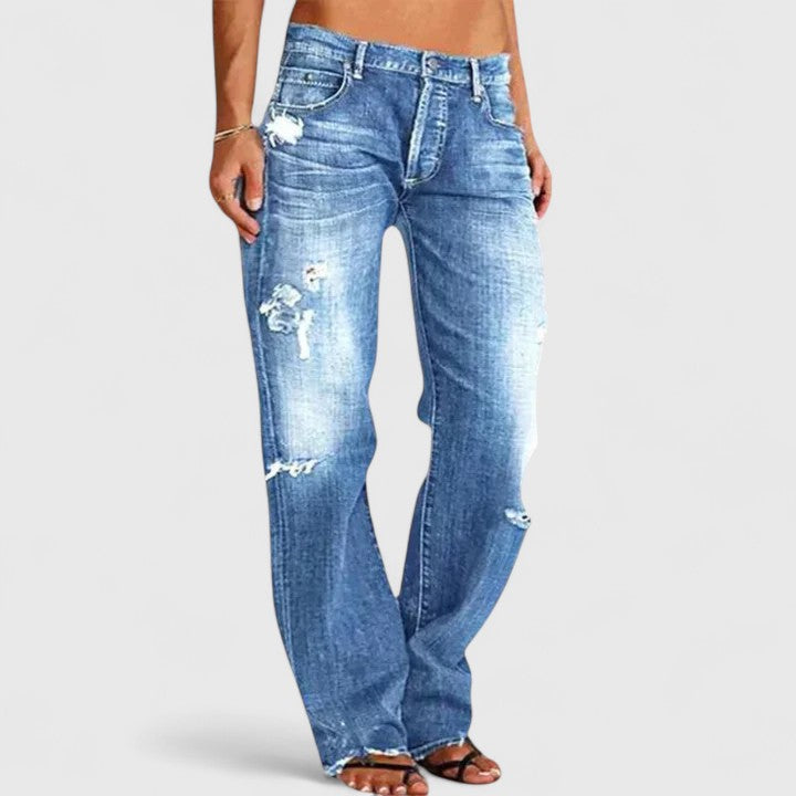 Sadie | Dame Jeans med Lav Talje, Lige Ben og Slidte Detaljer