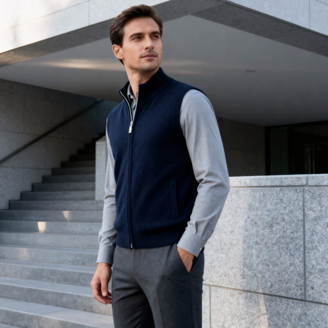 Leo | Herre Ærmeløs Strikvest i Cashmere med Lynlås